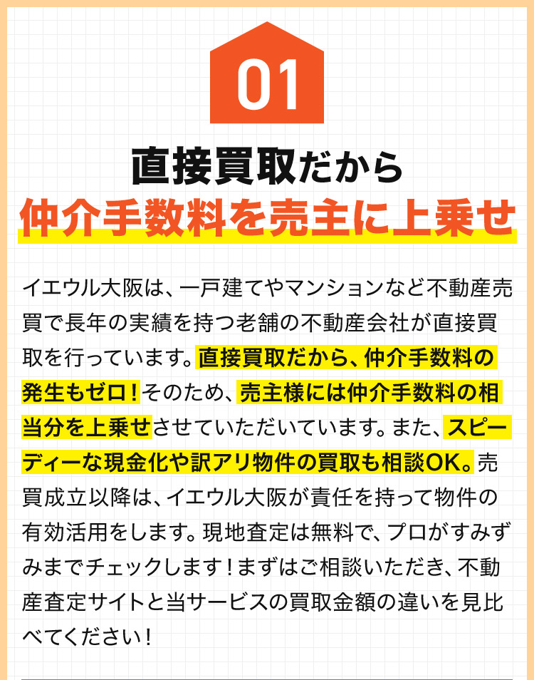01 直接買取だから 仲介手数料を売主に上乗せ