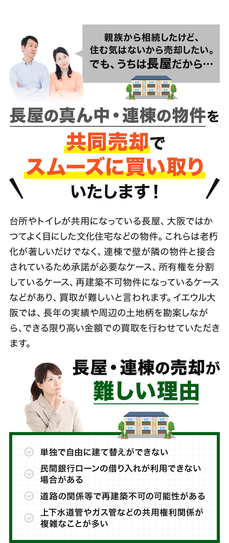 長屋の真ん中・連棟の物件を共同売却でスムーズに買い取りいたします！